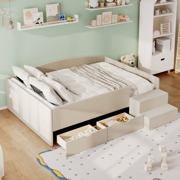 English Elm Full Size Kids Daybed with Corduroy Velvet Upholstery and Two Under Bed Storage Drawers Beige SF000215AAA