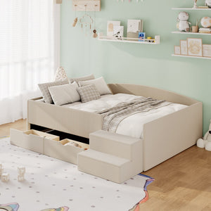 English Elm Full Size Kids Daybed with Corduroy Velvet Upholstery and Two Under Bed Storage Drawers Beige SF000215AAA