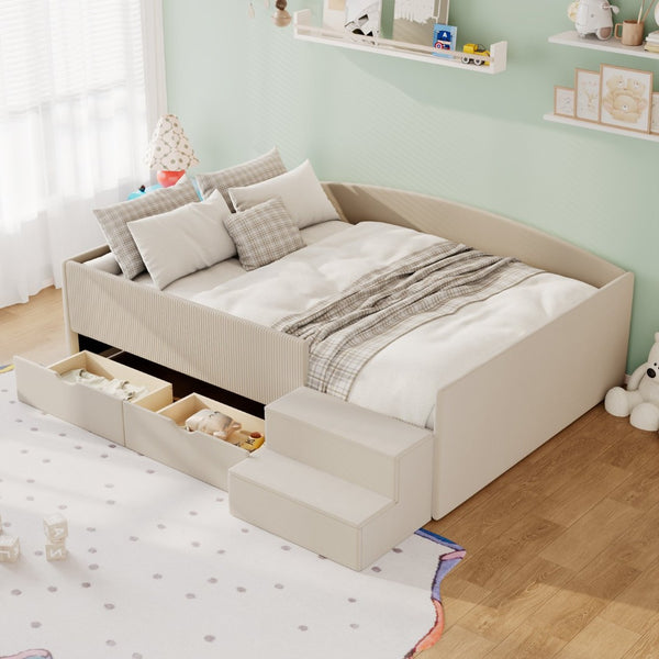 English Elm Full Size Kids Daybed with Corduroy Velvet Upholstery and Two Under Bed Storage Drawers Beige SF000215AAA