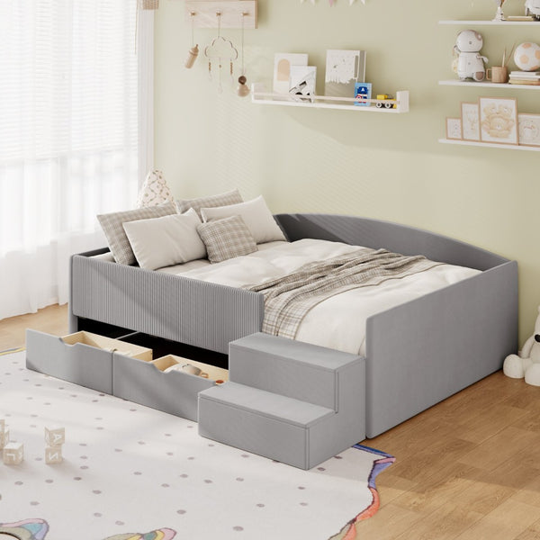 English Elm Full Size Kids Daybed with Corduroy Velvet Upholstery and Two Under Bed Storage Drawers Gray SF000215AAE