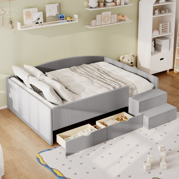 English Elm Full Size Kids Daybed with Corduroy Velvet Upholstery and Two Under Bed Storage Drawers Gray SF000215AAE