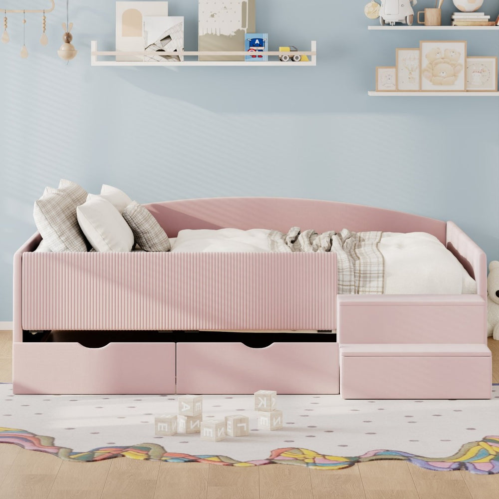 English Elm Full Size Kids Daybed with Corduroy Velvet Upholstery and Two Under Bed Storage Drawers Pink SF000215AAH