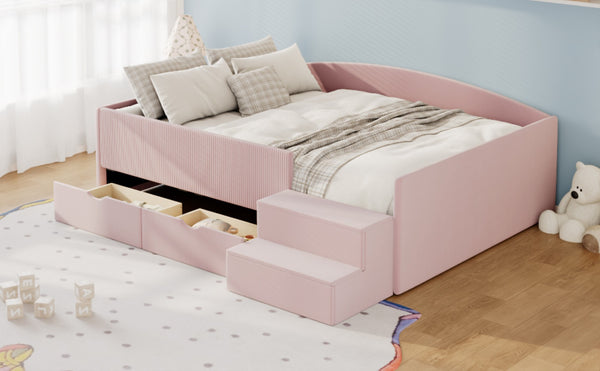 English Elm Full Size Kids Daybed with Corduroy Velvet Upholstery and Two Under Bed Storage Drawers Pink SF000215AAH