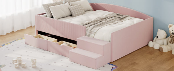 English Elm Full Size Kids Daybed with Corduroy Velvet Upholstery and Two Under Bed Storage Drawers Pink SF000215AAH
