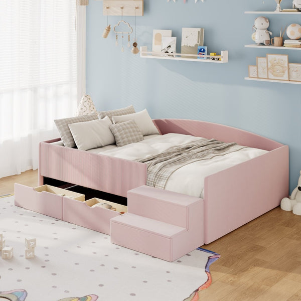 English Elm Full Size Kids Daybed with Corduroy Velvet Upholstery and Two Under Bed Storage Drawers Pink SF000215AAH