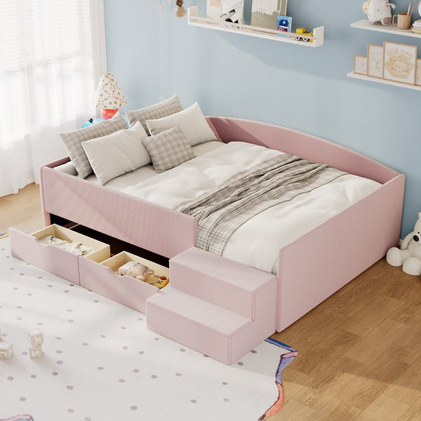English Elm Full Size Kids Daybed with Corduroy Velvet Upholstery and Two Under Bed Storage Drawers Pink SF000215AAH