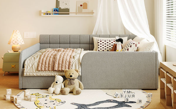 English Elm Full Size Bouclé Upholstered Daybed with Rolling Storage Drawer for Guest Rooms Gray SF000216AAE