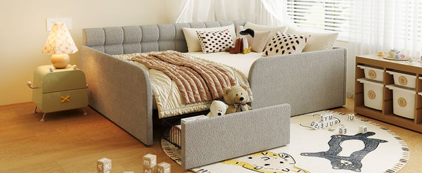 English Elm Full Size Bouclé Upholstered Daybed with Rolling Storage Drawer for Guest Rooms Gray SF000216AAE