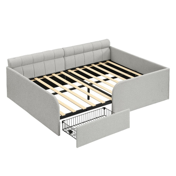 English Elm Full Size Bouclé Upholstered Daybed with Rolling Storage Drawer for Guest Rooms Gray SF000216AAE