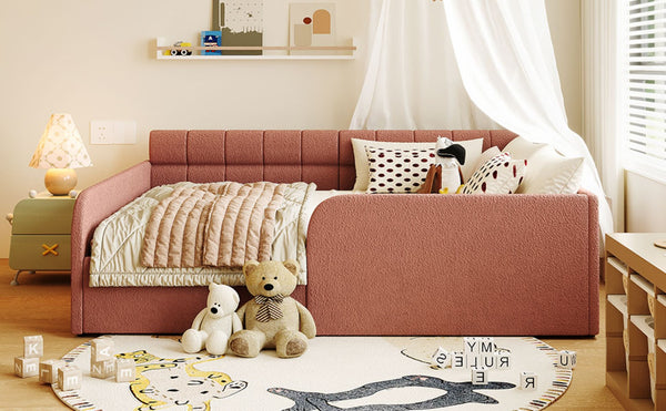 English Elm Full Size Bouclé Upholstered Daybed with Rolling Storage Drawer for Guest Rooms Pink SF000216AAH