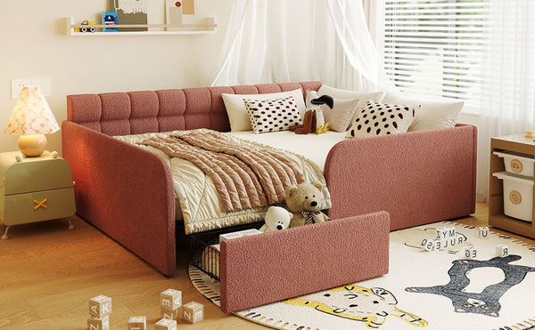 English Elm Full Size Bouclé Upholstered Daybed with Rolling Storage Drawer for Guest Rooms Pink SF000216AAH