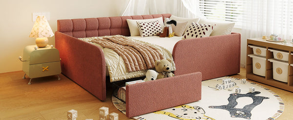 English Elm Full Size Bouclé Upholstered Daybed with Rolling Storage Drawer for Guest Rooms Pink SF000216AAH
