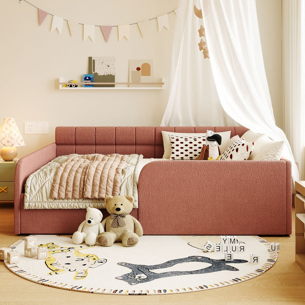 English Elm Full Size Bouclé Upholstered Daybed with Rolling Storage Drawer for Guest Rooms Pink SF000216AAH