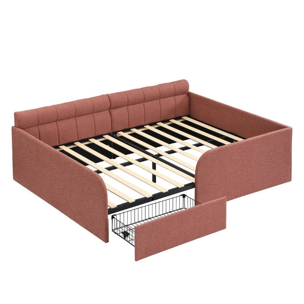 English Elm Full Size Bouclé Upholstered Daybed with Rolling Storage Drawer for Guest Rooms Pink SF000216AAH