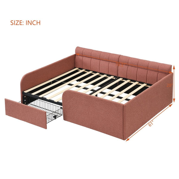 English Elm Full Size Bouclé Upholstered Daybed with Rolling Storage Drawer for Guest Rooms Pink SF000216AAH