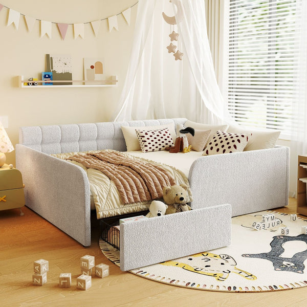 English Elm Full Size Bouclé Upholstered Daybed with Rolling Storage Drawer for Guest Rooms White SF000216AAK