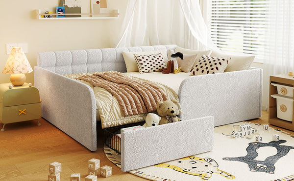 English Elm Full Size Bouclé Upholstered Daybed with Rolling Storage Drawer for Guest Rooms White SF000216AAK