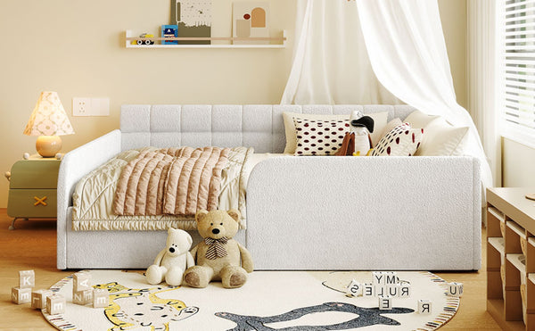 English Elm Full Size Bouclé Upholstered Daybed with Rolling Storage Drawer for Guest Rooms White SF000216AAK