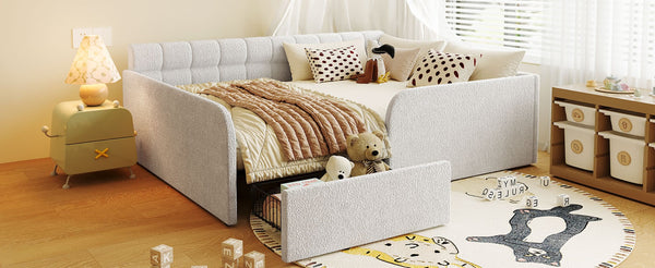 English Elm Full Size Bouclé Upholstered Daybed with Rolling Storage Drawer for Guest Rooms White SF000216AAK