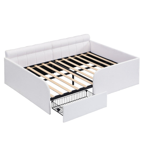 English Elm Full Size Bouclé Upholstered Daybed with Rolling Storage Drawer for Guest Rooms White SF000216AAK