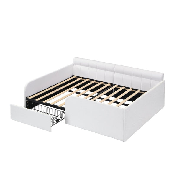 English Elm Full Size Bouclé Upholstered Daybed with Rolling Storage Drawer for Guest Rooms White SF000216AAK