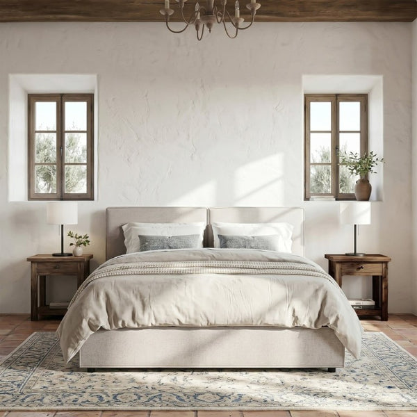English Elm Modern Biscuit Tufted Queen Platform Bed Faux Linen Upholstered Low Profile Frame Beige SF000217AAA