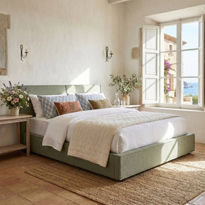 English Elm Modern Biscuit Tufted Queen Platform Bed Faux Linen Upholstered Low Profile Frame Green SF000217AAF