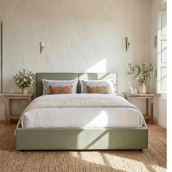 English Elm Modern Biscuit Tufted Queen Platform Bed Faux Linen Upholstered Low Profile Frame Green SF000217AAF