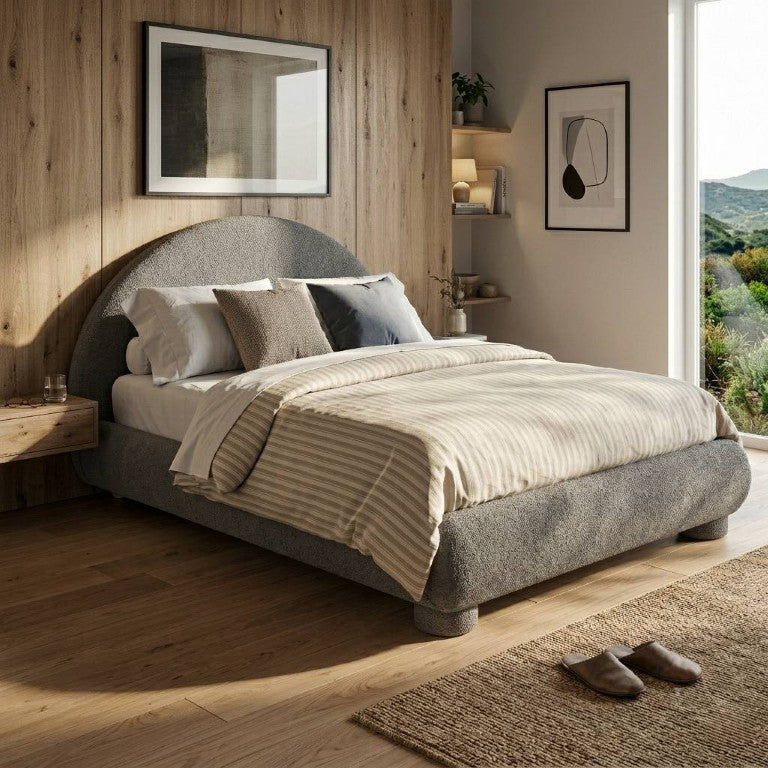 English Elm Queen Boucle Upholstered Platform Bed Arched Headboard Wooden Slat Support Frame Gray 86.2 L x 68.9 W x 40.7 H Plywood SF000219AAE