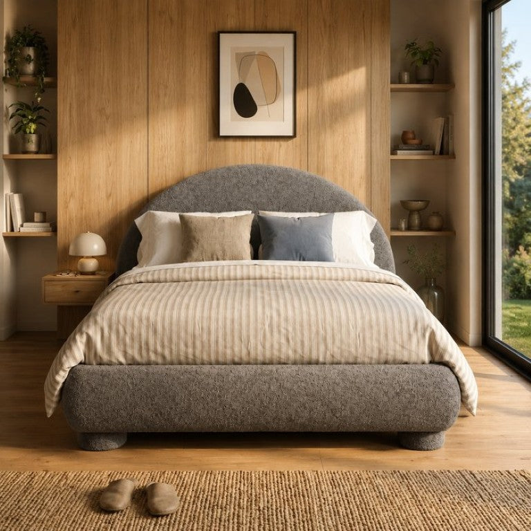 English Elm Queen Boucle Upholstered Platform Bed Arched Headboard Wooden Slat Support Frame Gray 86.2 L x 68.9 W x 40.7 H Plywood SF000219AAE