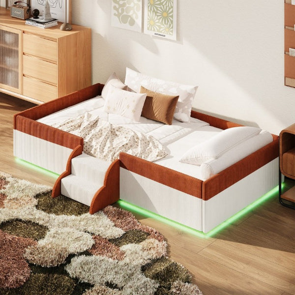 English Elm Twin Corduroy Floor Bed with Padded Guardrails LED Lighting and Built-In Steps Brown+White SF000220AAD