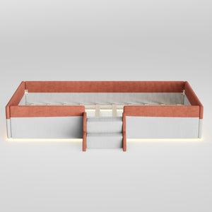 English Elm Twin Corduroy Floor Bed with Padded Guardrails LED Lighting and Built-In Steps Brown+White SF000220AAD