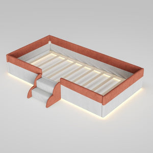 English Elm Twin Corduroy Floor Bed with Padded Guardrails LED Lighting and Built-In Steps Brown+White SF000220AAD