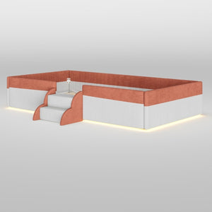 English Elm Twin Corduroy Floor Bed with Padded Guardrails LED Lighting and Built-In Steps Brown+White SF000220AAD