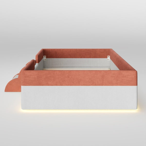 English Elm Twin Corduroy Floor Bed with Padded Guardrails LED Lighting and Built-In Steps Brown+White SF000220AAD