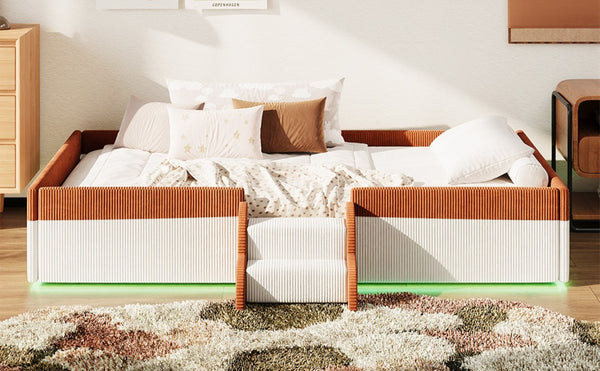 English Elm Twin Corduroy Floor Bed with Padded Guardrails LED Lighting and Built-In Steps Brown+White SF000220AAD