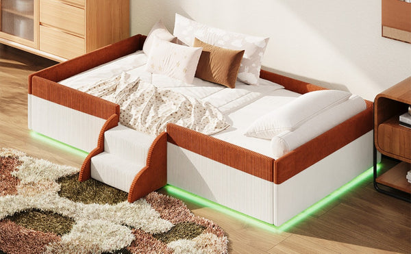 English Elm Twin Corduroy Floor Bed with Padded Guardrails LED Lighting and Built-In Steps Brown+White SF000220AAD