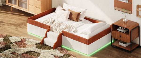 English Elm Twin Corduroy Floor Bed with Padded Guardrails LED Lighting and Built-In Steps Brown+White SF000220AAD