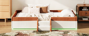 English Elm Twin Corduroy Floor Bed with Padded Guardrails LED Lighting and Built-In Steps Brown+White SF000220AAD