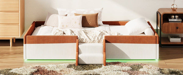 English Elm Twin Corduroy Floor Bed with Padded Guardrails LED Lighting and Built-In Steps Brown+White SF000220AAD