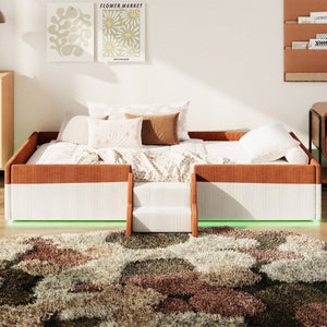 English Elm Twin Corduroy Floor Bed with Padded Guardrails LED Lighting and Built-In Steps Brown+White SF000220AAD