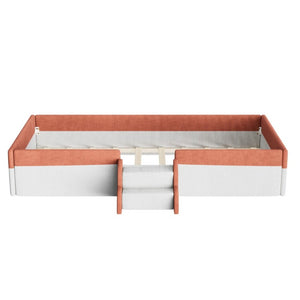 English Elm Twin Corduroy Floor Bed with Padded Guardrails LED Lighting and Built-In Steps Brown+White SF000220AAD
