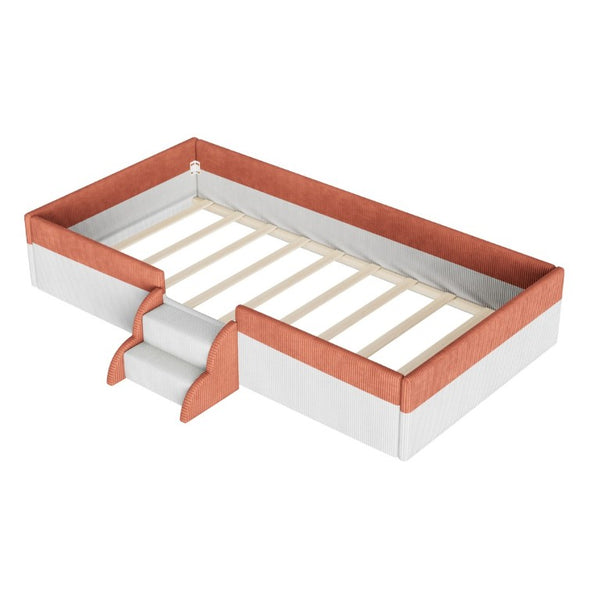 English Elm Twin Corduroy Floor Bed with Padded Guardrails LED Lighting and Built-In Steps Brown+White SF000220AAD