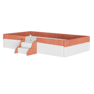 English Elm Twin Corduroy Floor Bed with Padded Guardrails LED Lighting and Built-In Steps Brown+White SF000220AAD