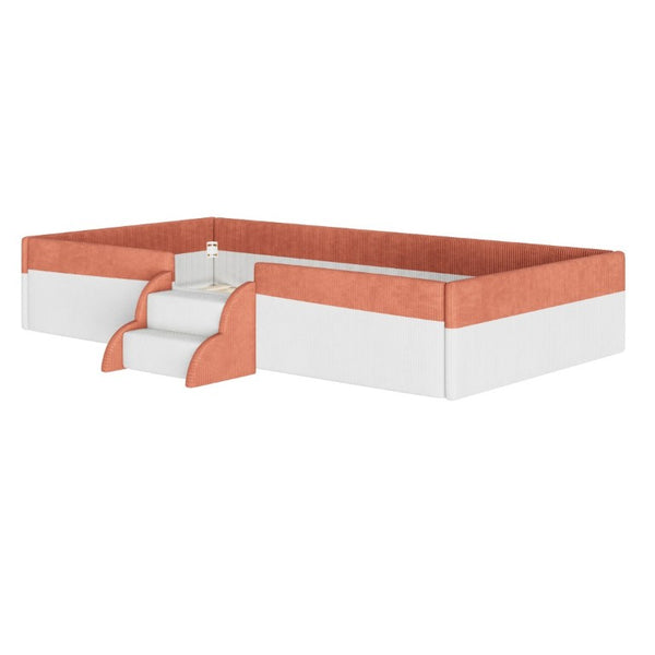 English Elm Twin Corduroy Floor Bed with Padded Guardrails LED Lighting and Built-In Steps Brown+White SF000220AAD