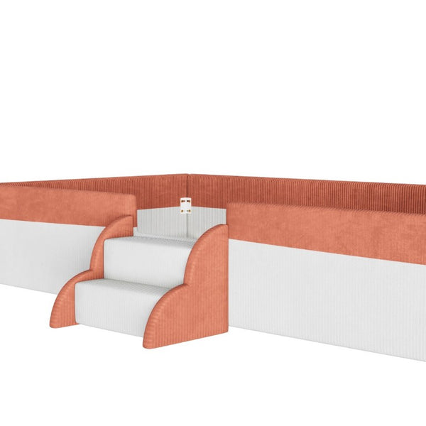 English Elm Twin Corduroy Floor Bed with Padded Guardrails LED Lighting and Built-In Steps Brown+White SF000220AAD