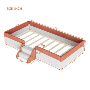 English Elm Twin Corduroy Floor Bed with Padded Guardrails LED Lighting and Built-In Steps Brown+White SF000220AAD