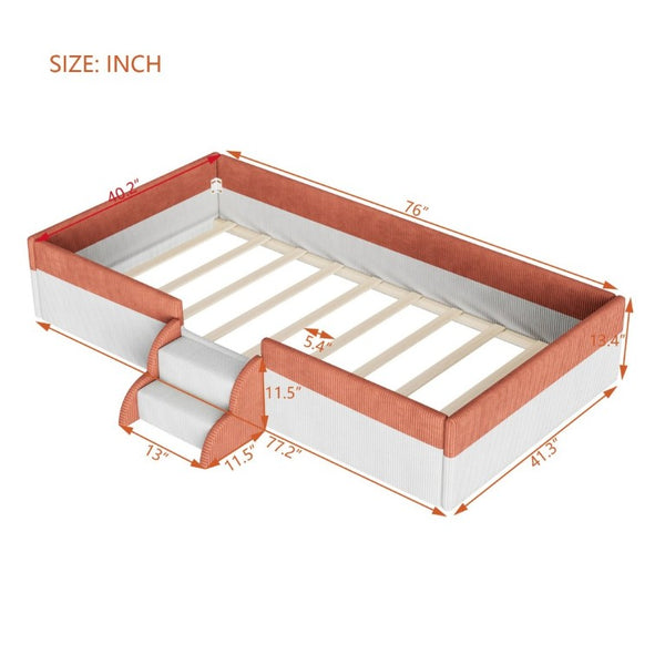 English Elm Twin Corduroy Floor Bed with Padded Guardrails LED Lighting and Built-In Steps Brown+White SF000220AAD