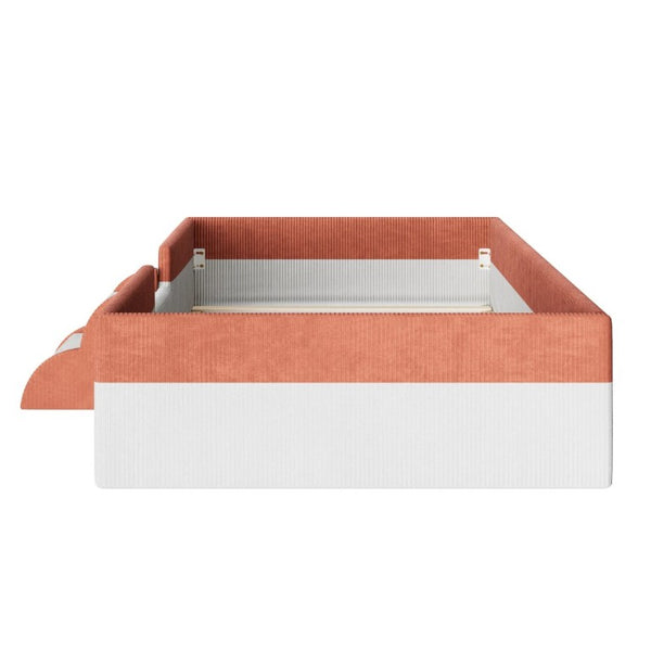 English Elm Twin Corduroy Floor Bed with Padded Guardrails LED Lighting and Built-In Steps Brown+White SF000220AAD