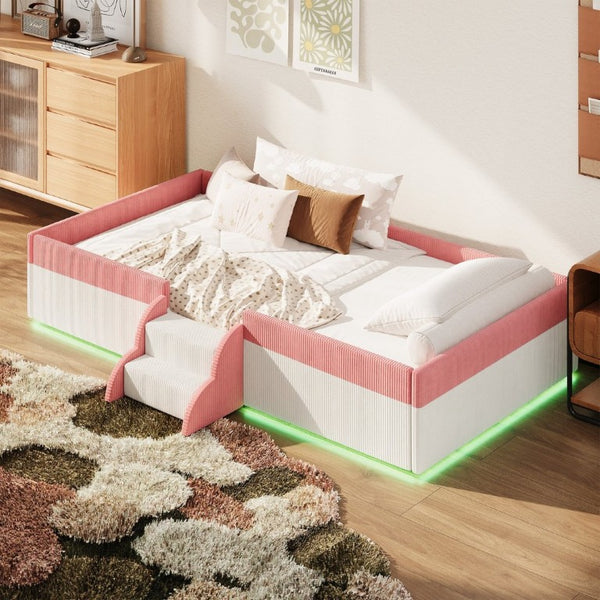 English Elm Twin Corduroy Floor Bed with Padded Guardrails LED Lighting and Built-In Steps Pink+White SF000220AAH